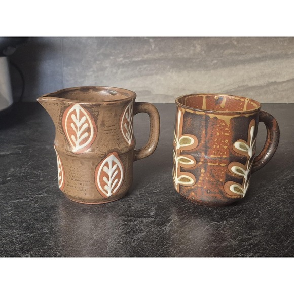 The Unbranded Brand Other - MCM Set of 2 Vintage Japanese Pottery Creamer Pitcher Mug Cup Plants Leaves